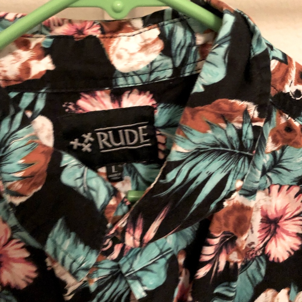 Discontinued Rare Hot Topic Black Corgi Print Hawaiian Hibiscus Shirt size L